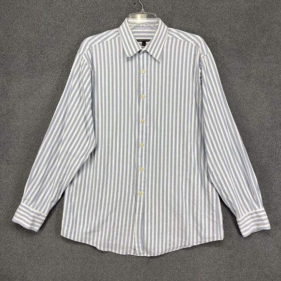 BCBG Max Azria Shirt Mens Large Blue White Striped Slim Fit Cotton Button Up - Picture 1 of 15